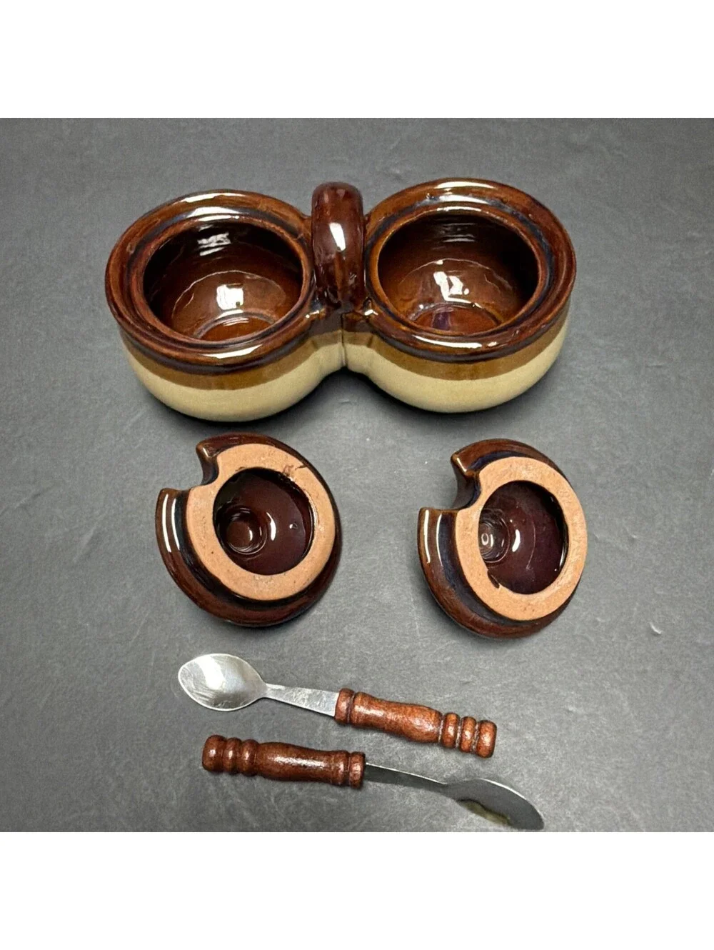 Vintage Stoneware Two-Tone Brown Tan Double Condiment Set Lids Spoons Taiwan